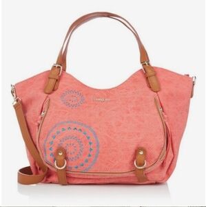 Desigual Coral & Blue Embroidered Slouchy Handbag